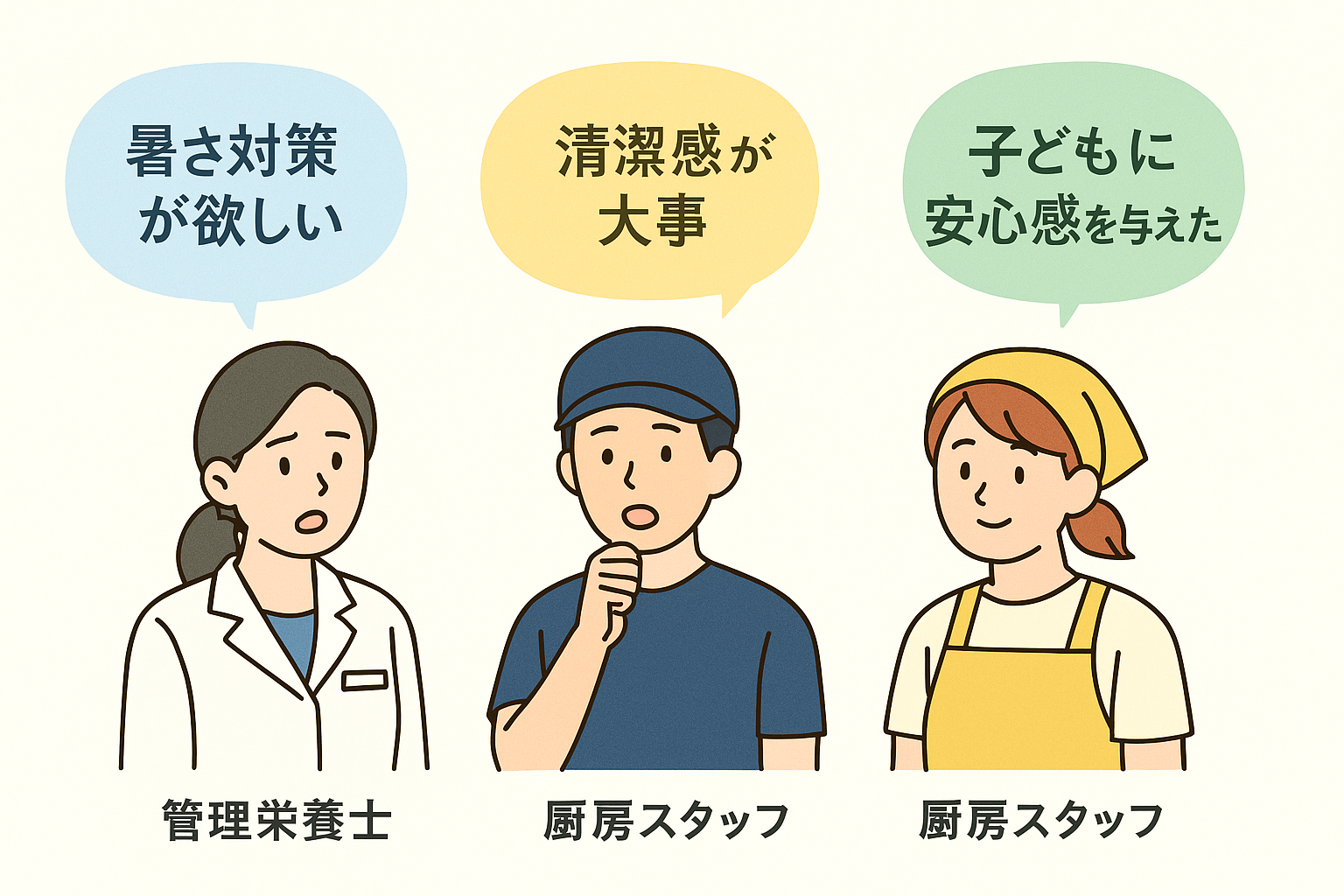 管理栄養士と厨房スタッフの声を吹き出し形式で表現したイラスト