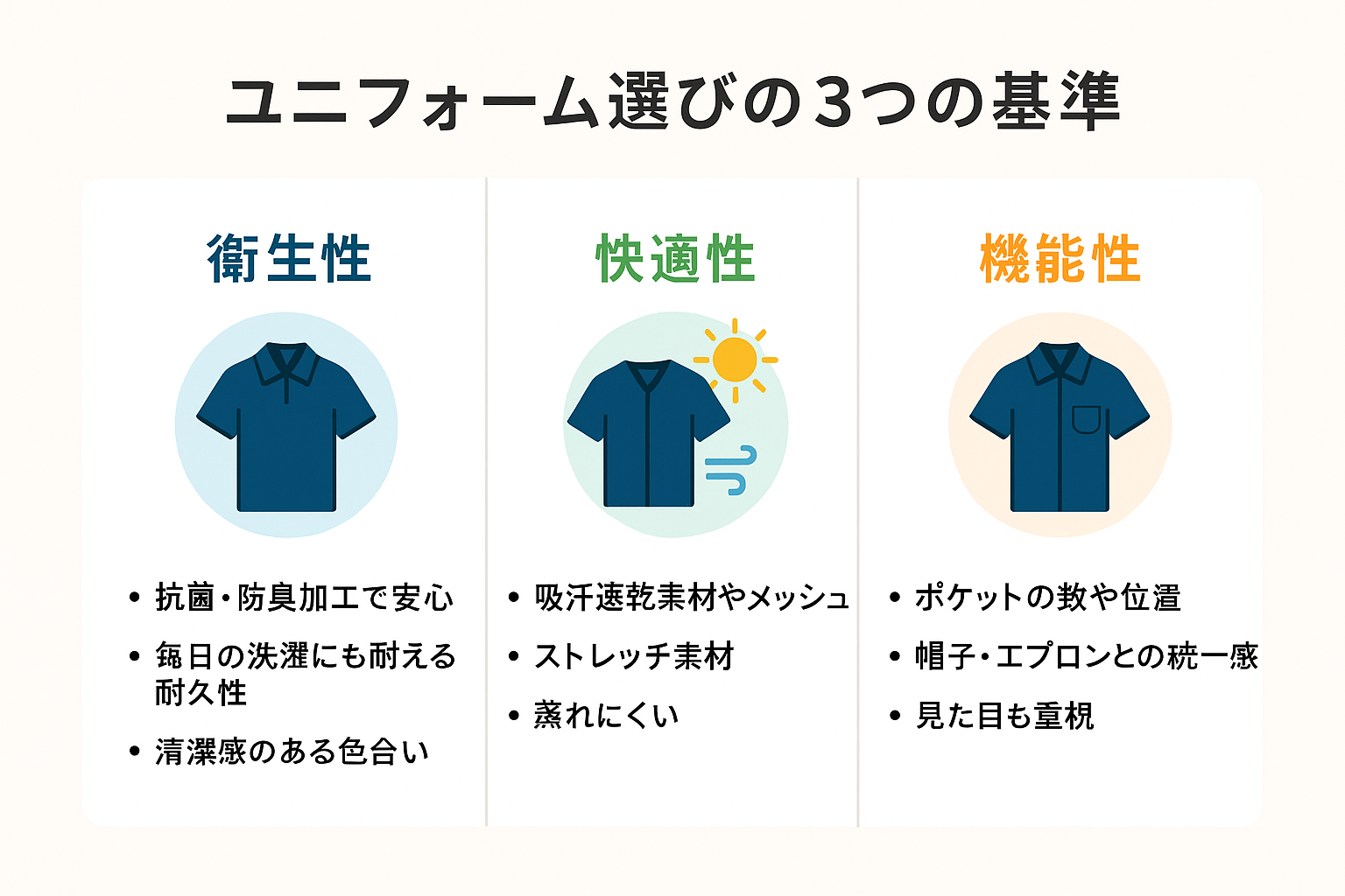 厨房ユニフォームの選び方を衛生性・快適性・機能性の3つの視点で比較した図解