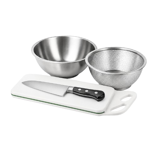 包丁、まな板、鍋などの調理器具の線画アイコン