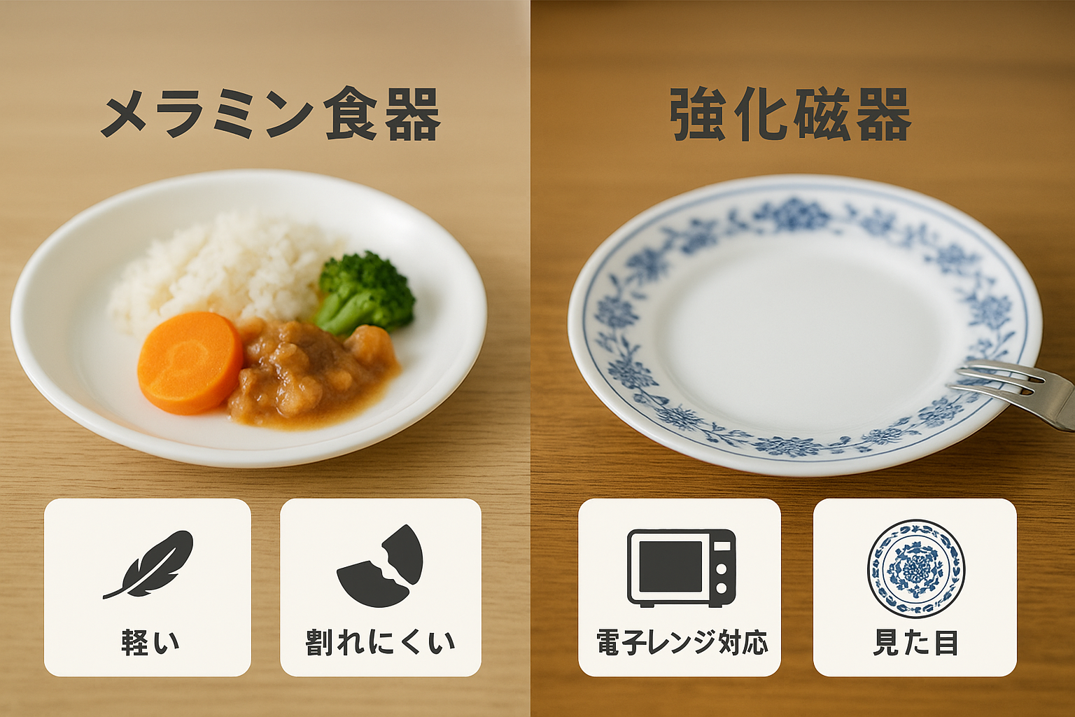 メラミン食器と強化磁器の比較画像。左に軽くて割れにくいメラミン皿、右に電子レンジ対応で高級感のある強化磁器皿が並ぶ。