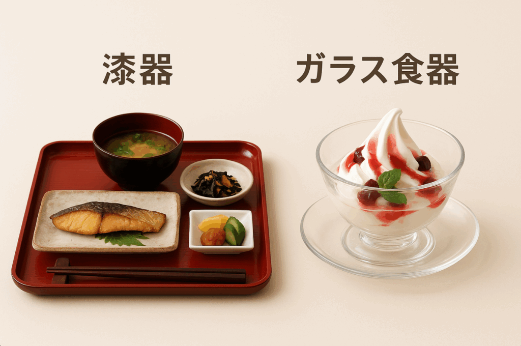 漆器とガラス食器を並べたテーブルセッティング例